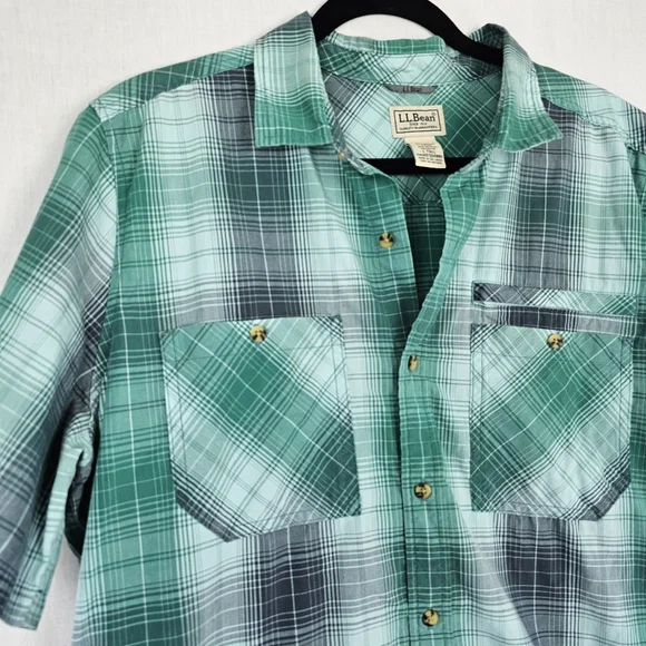 LL Bean Men's Shirt Green Gray‎ Plaid Button Up Short Sleeve Size Large Tall - Picture 3 of 7